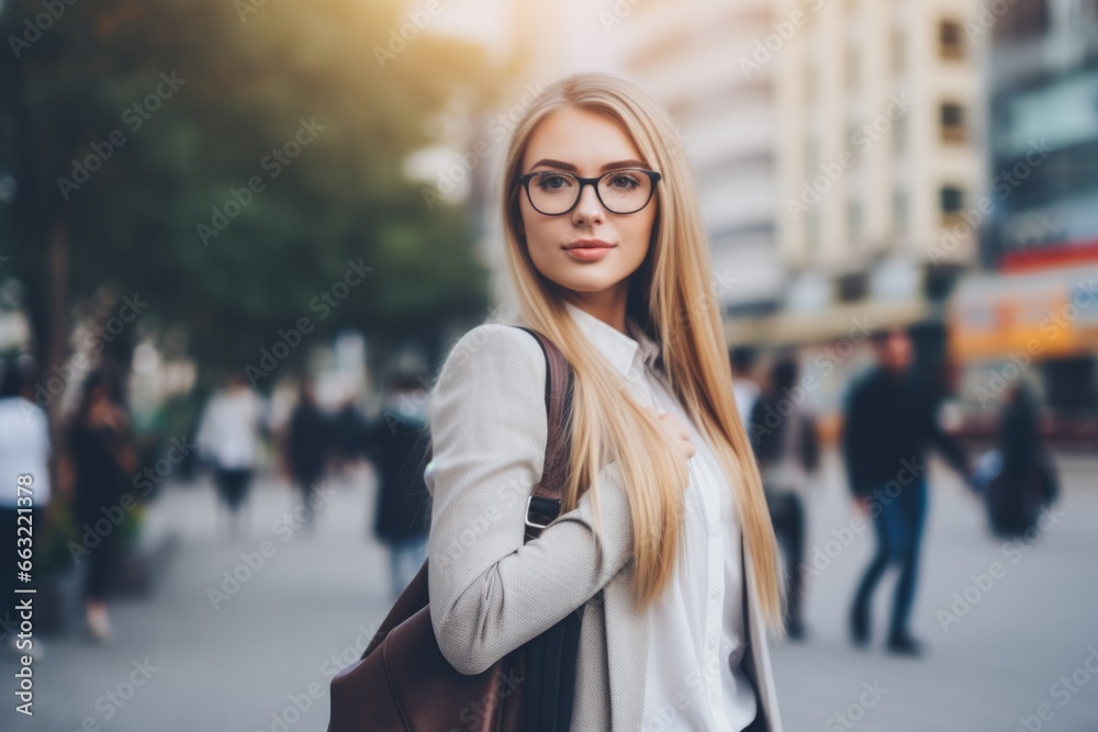 Fototapeta premium Portrait serious confident young businesswoman student female teacher lady casual clothes bag glasses looking camera downtown university school college education job working office modern entrepreneur