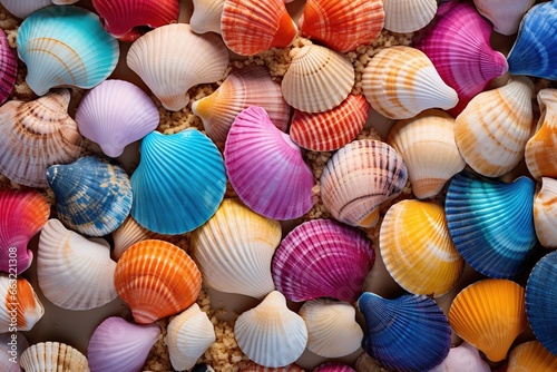 Close-up of colorful seashells of different shapes. Background from many colored seashells.