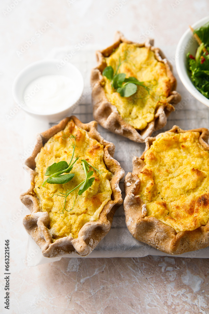 Traditional rye pastries with rice and potato Traditional rye pastries with rice and potato
