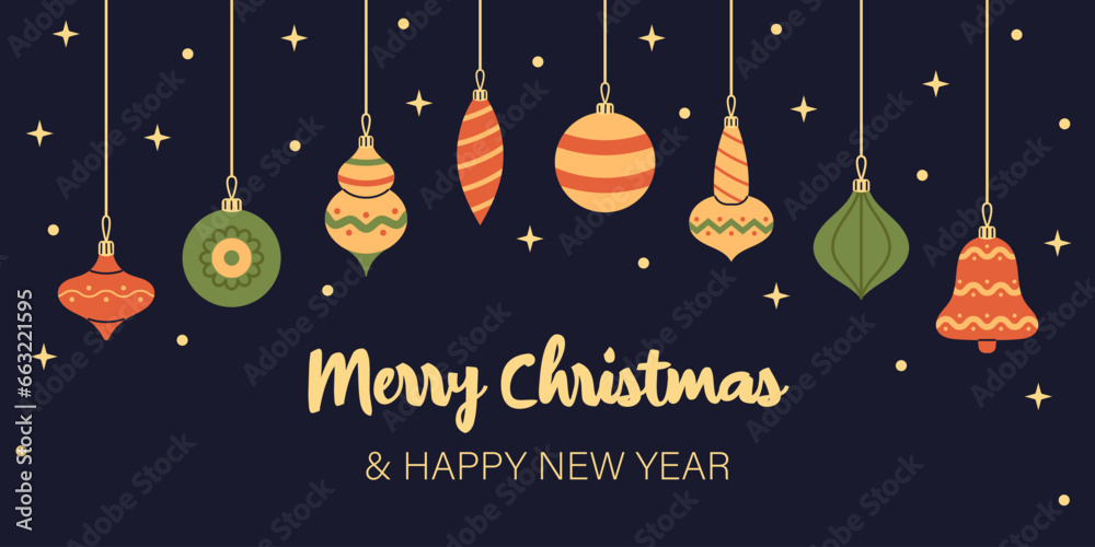 Naklejka premium Vector Merry Christmas and Happy New Year banner. Template with christmas baubles, decorations and ornaments. Christmas banner design with stars and lights.
