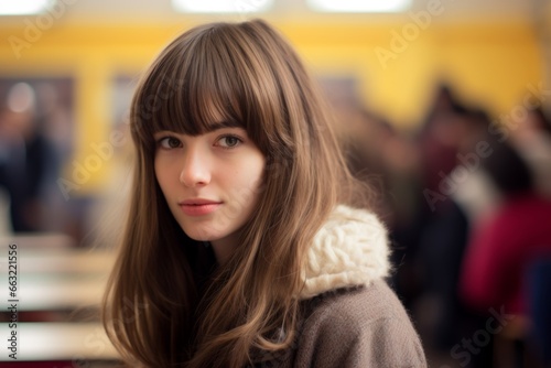 Portrait beautiful thoughtful relaxed face Caucasian female student teenager girl woman lady campus classroom lesson corridor university school college academy. Education learning studying lifestyles