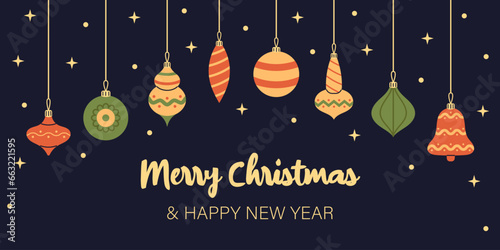 Vector Merry Christmas and Happy New Year banner. Template with christmas baubles, decorations and ornaments. Christmas banner design with stars and lights.