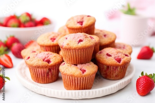 gluten-free strawberry muffins with fresh strawberries scattered around photo