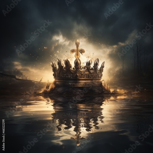 Crown on top of water, with a cloudy background and refection on water
