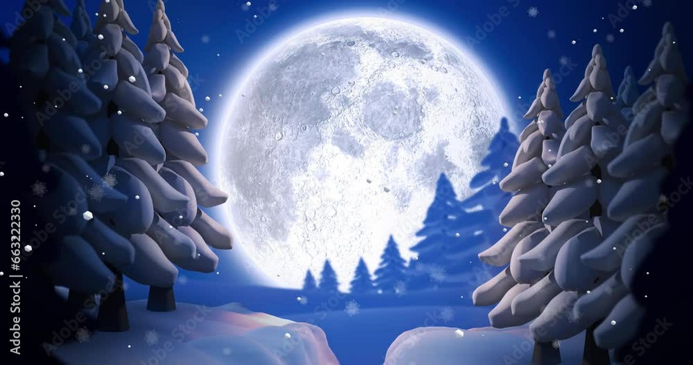 Animation of snow falling over christmas winter scenery with full moon background