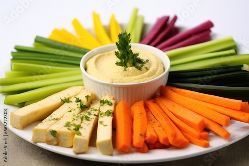 assorted vegetable sticks dipped in hummus on a white plate