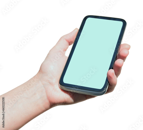 female hand holding smartphone, internet chat. Texting, correspondence concept on transparent, png