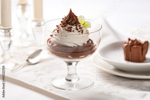 chocolate mousse in a glass dessert bowl on a white tablecloth