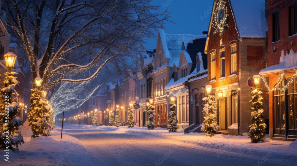 Snow-covered street with festive lights in a charming town, illuminated Victorian houses and lanterns create a magical Christmas ambiance during a tranquil winter evening.