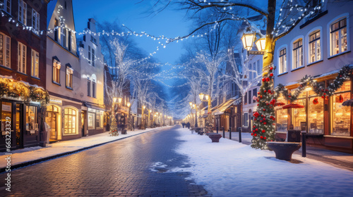 Snow-covered street with festive lights in a charming town, illuminated Victorian houses and lanterns create a magical Christmas ambiance during a tranquil winter evening.