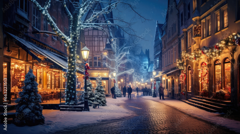 Enchanting winter evening in a European town square with snow-covered streets, twinkling Christmas lights, decorated storefronts, and pedestrians enjoying the festive atmosphere.