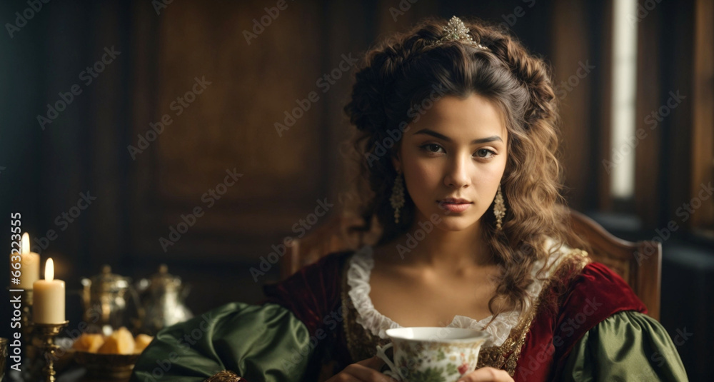 Young woman in Renaissance style drinks tea. Young woman in Renaissance style drinks tea.