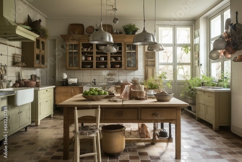 Vintage kitchen in an airy space. Generative AI