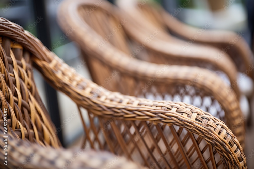 detail of woven wicker patio chairs - obrazy, fototapety, plakaty 