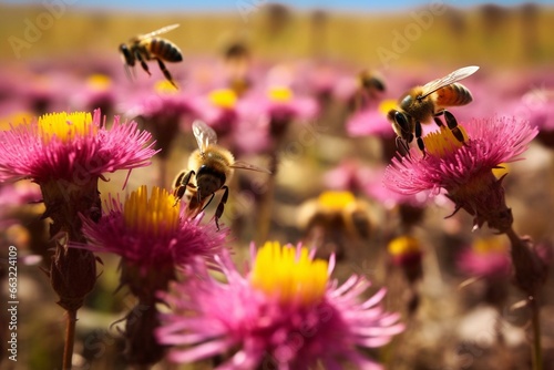 Bees gathering nectar in a vibrant field. Generative AI © Phoenix