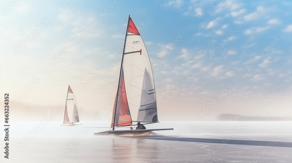 Naklejka premium Ice yachters sailing swiftly across a frozen lake, winter sports, with copy space, blurred background