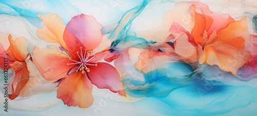 Abstract marbled ink liquid fluid watercolor painting texture banner illustration - Pink blue colors petals  blossom flowers  isolated on white background