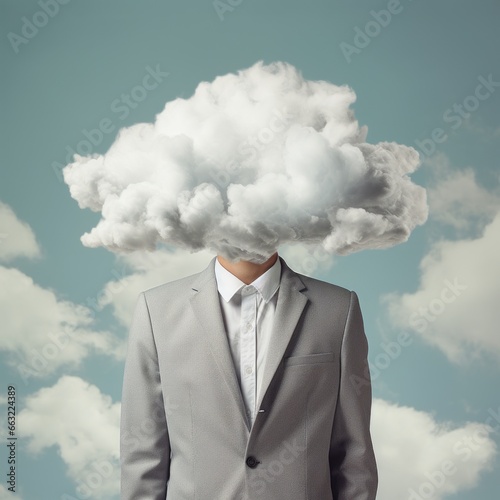 A businessman in a light grey suit, clouds surrounding his head. Concentration, dreaming photo concept.