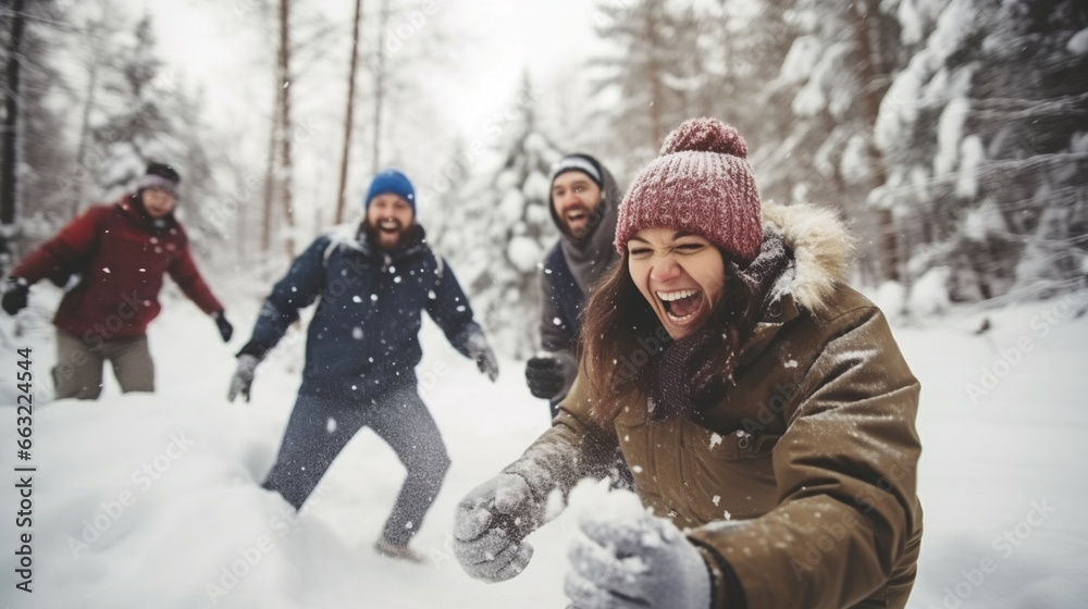 A group of friends having a fun snowball fight, winter sports, with copy space, blurred background