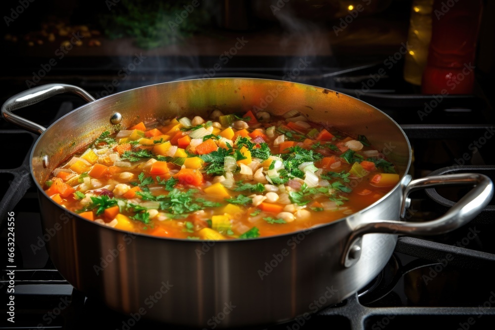 a simmering pot of vegetable soup on a stove a simmering pot of vegetable soup on a stove