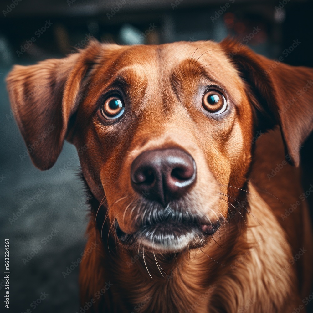 Close-up of a brown dog making a sad face.