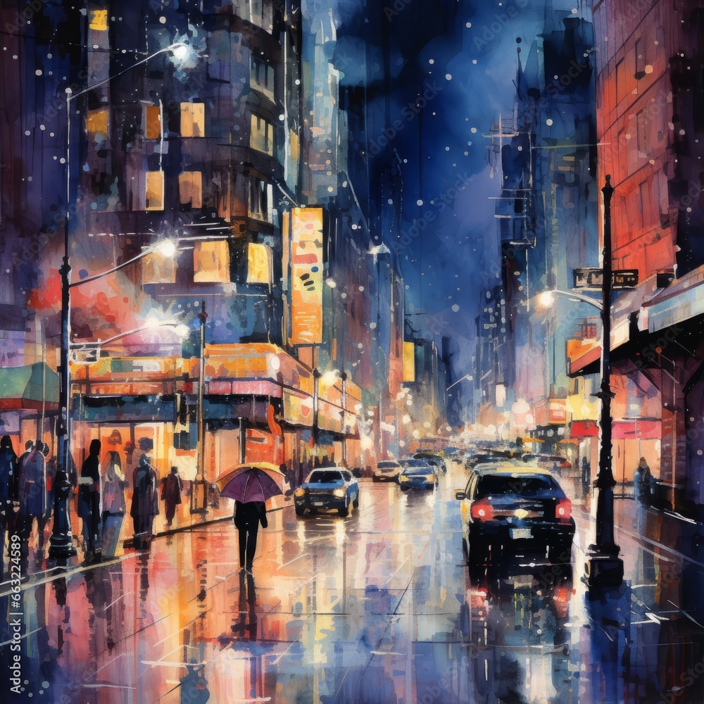 Fototapeta premium Watercolor painting of a night in the city.