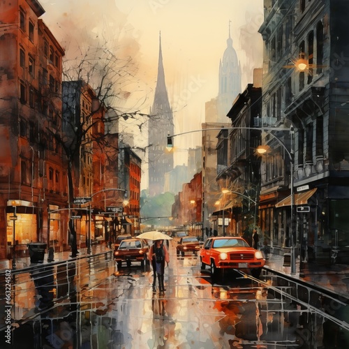 Beautiful painting of the city in a dusk environment.