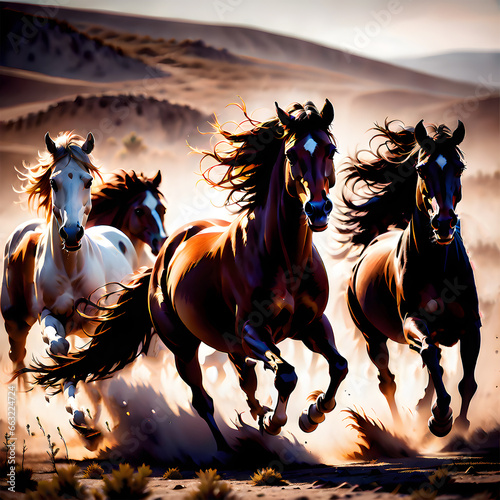 Wild horses are running on the field   Concept of freedom and Contentment 