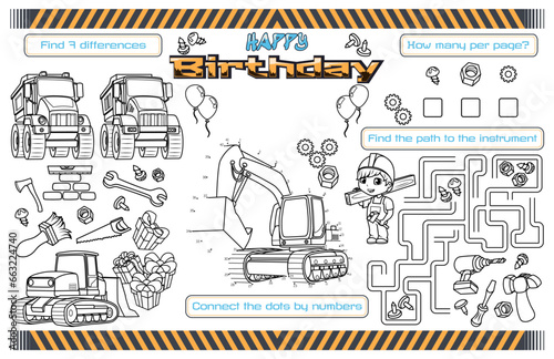Festive placemat for children. Print out a construction-themed Happy Birthday activity sheet for boys with a maze, find the difference, and a coloring page. 17x11 inch printable vector file