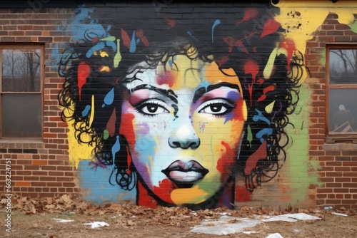 a defaced mural painted on a brick wall
