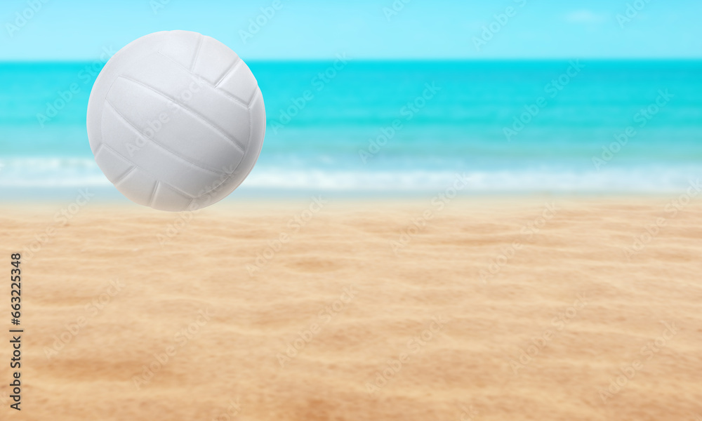 Beach landscape with volleyball ball. Summer. Background is sea water and blue sky.