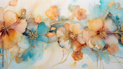 Fototapeta Naklejka Na Ścianę i Meble -  Abstract painted watercolor painting of flowers with gold details and blue turquoise white background wallpaper texture illustration