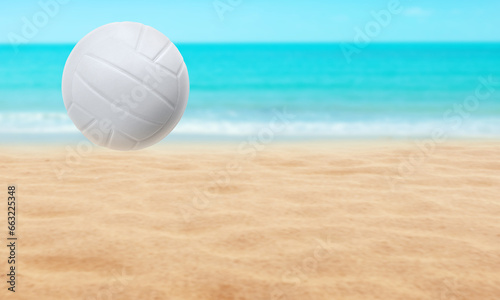 Beach landscape with volleyball ball. Summer. Background is sea water and blue sky.