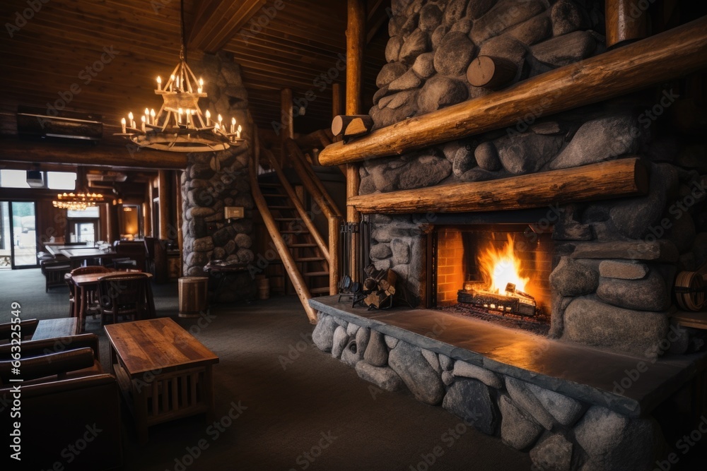 a wooden mountain lodge with a stone fireplace a wooden mountain lodge with a stone fireplace