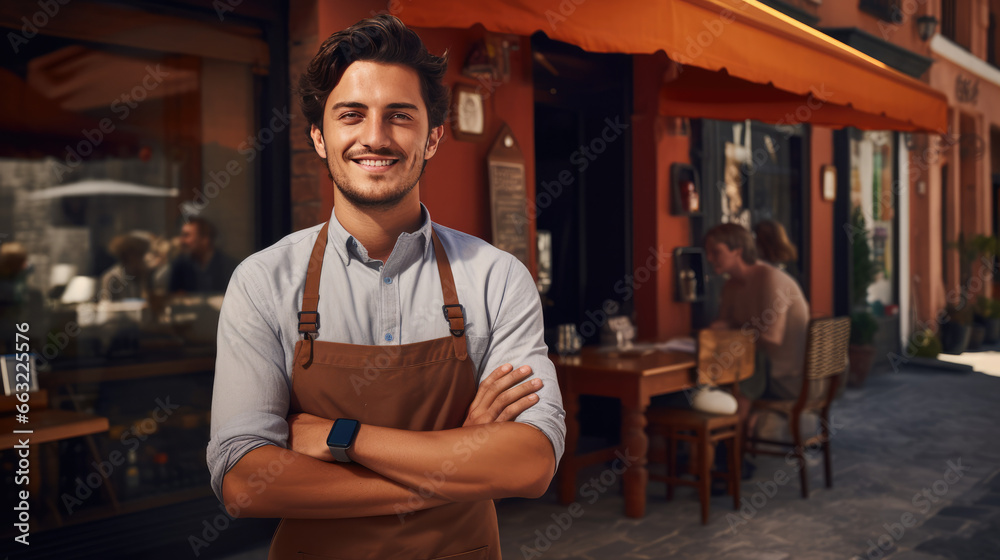 Cheerful male cafe owner in blue shirt and brown apron stands proudly outside his rustic urban eatery, with patrons enjoying in the background. Bright sunny ambiance with European charm. Cheerful male cafe owner in blue shirt and brown apron stands proudly outside his rustic urban eatery, with patrons enjoying in the background. Bright sunny ambiance with European charm.