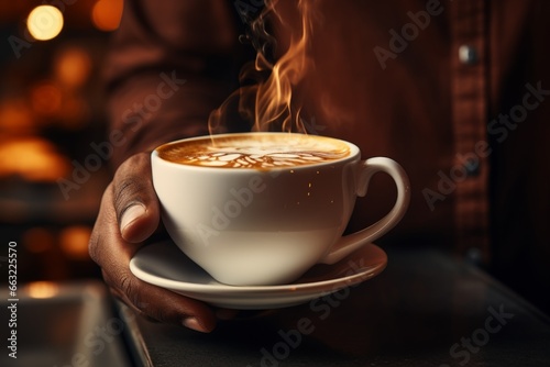 Man hand hold cup hot coffee beans cozy cafe evening relaxation calm tasty drink cocoa latte cappuccino americano espresso barista happy shop beautiful foam aroma milk chocolate caramel sweet pleasure