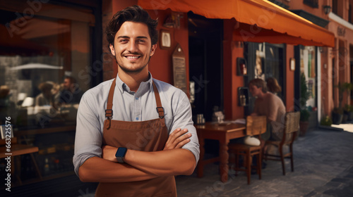 Cheerful male cafe owner in blue shirt and brown apron stands proudly outside his rustic urban eatery, with patrons enjoying in the background. Bright sunny ambiance with European charm.