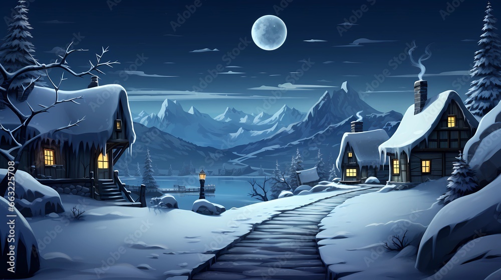Christmas Night in Village. Snow Man, Ice Mountain, Snow Houses.Concept ...