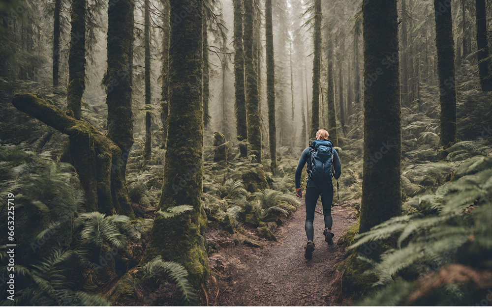 An image of an adventurous hiker amidst a dense forest.