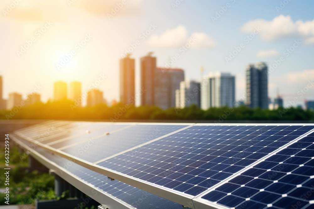 Fototapeta premium Solar panels in aerial view. Eco-technology of solar power plants in solar power plants with city background. alternative electricity source - concept of sustainable resources