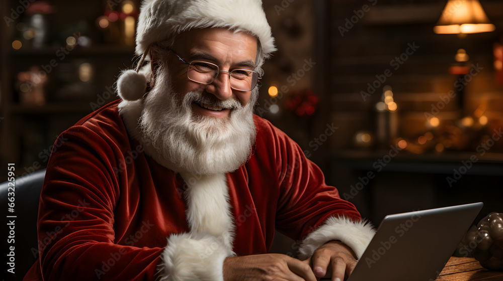 Santa Claus is at home reading children's letters on a laptop Santa Claus is at home reading children's letters on a laptop