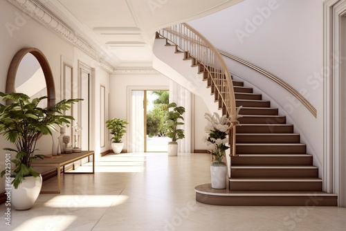 The interior design of the modern entrance hall with a staircase in the villa. © MKhalid