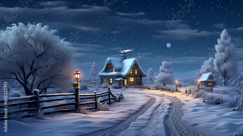 Christmas Night in Village. Snow Man, Ice Mountain, Snow Houses.Concept Art Scenery. Character Design Concept Art Book Illustration Video Game Digital Painting. CG Artwork Background. Generative AI 