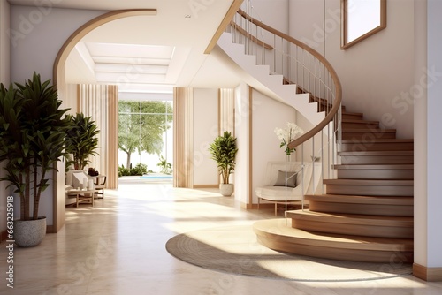 The interior design of the modern entrance hall with a staircase in the villa.