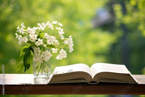 Jasmine flowers in a vase and open book on the table, green natural background. © MKhalid