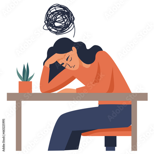 Flat vector illustration. Girl sitting at a table holding her head. Depression and burnout, postpartum depression, head blole. Vector illustration