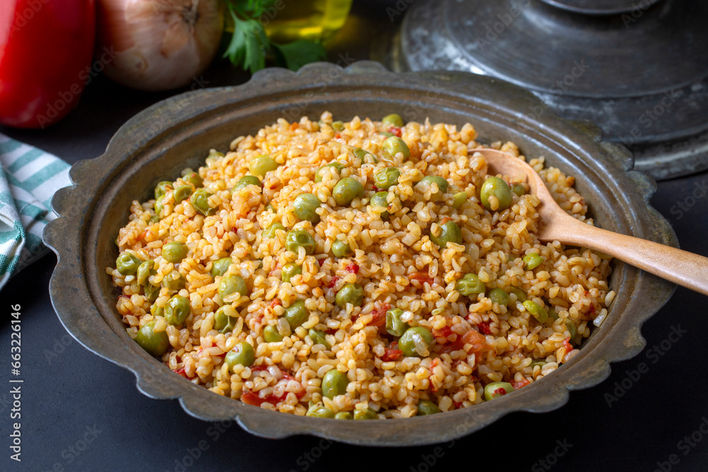 Bulgur pilaf with peas; Turkish name; Bezelyeli bulgur pilavi Bulgur pilaf with peas; Turkish name; Bezelyeli bulgur pilavi