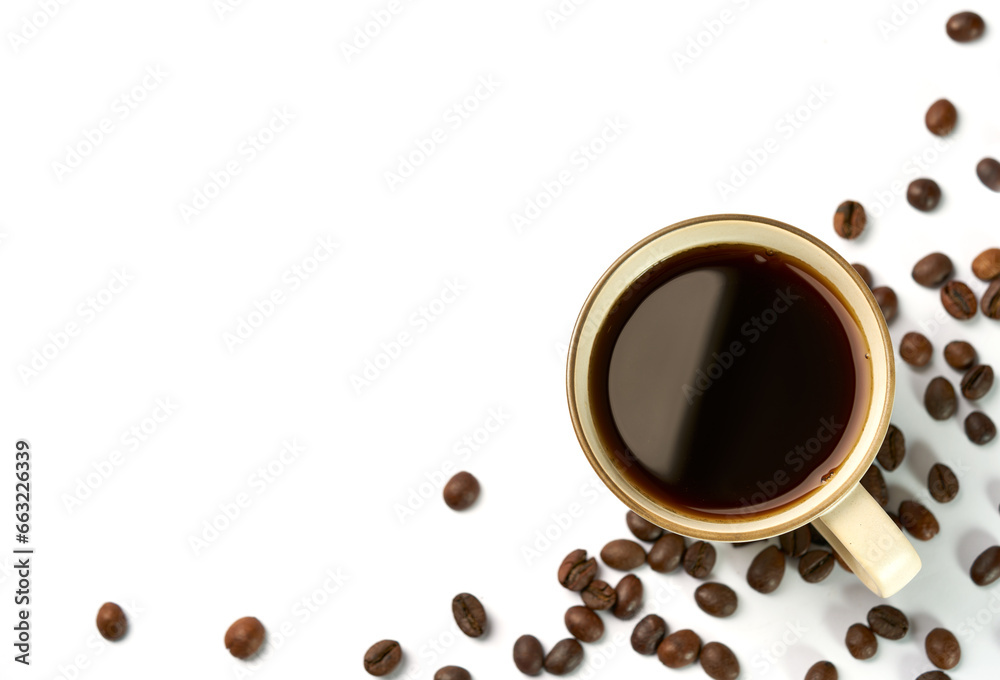 Black coffee and coffee beans on white background