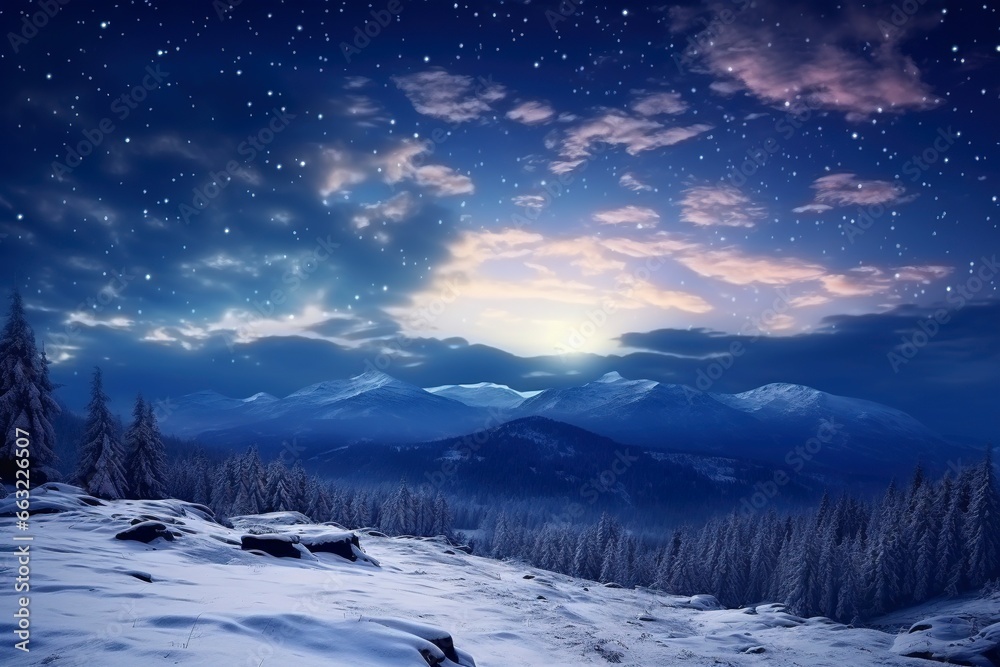 Forest on a mountain ridge covered with snow. milky way in a starry sky. christmas winter night, generative ai Forest on a mountain ridge covered with snow. milky way in a starry sky. christmas winter night, generative ai