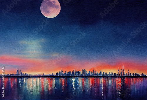 Abstract city near the ocean at night  full moon skyline and water reflections  twilight blue in contrast with the glowing orange urban lights.